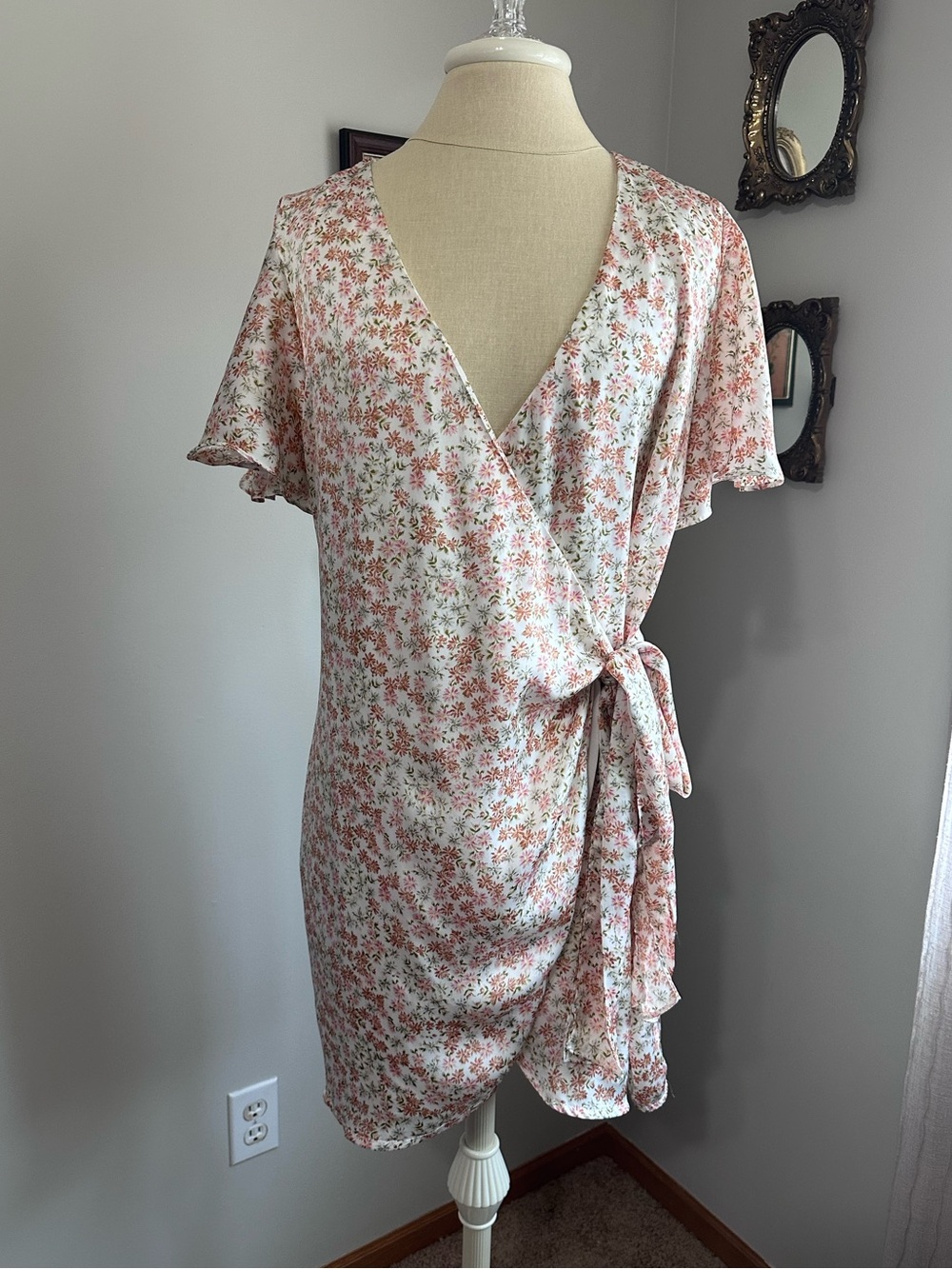 Vici Cream & Pink Floral Wrap Mini Dress